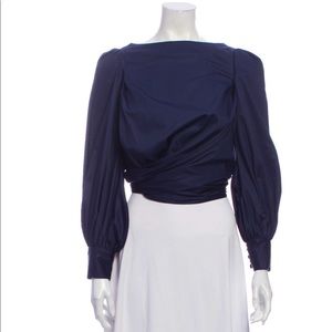 JOHANNA ORTIZ Navy White Open Back Tied Top Blouse